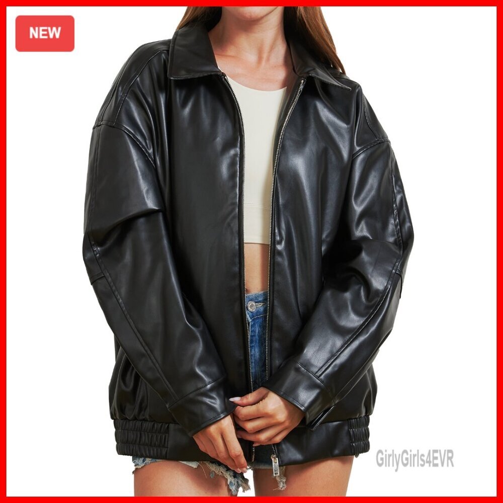 Oversized Faux Leather Jacket Women's Motorcycle Coat Fall Winter - Picture 7 of 7